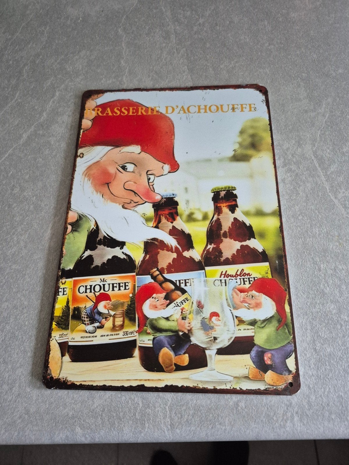 La Chouffe Reclamebord - Vintage Metalen Plaat, Ophalen of Verzenden, Zo goed als nieuw, Reclamebord