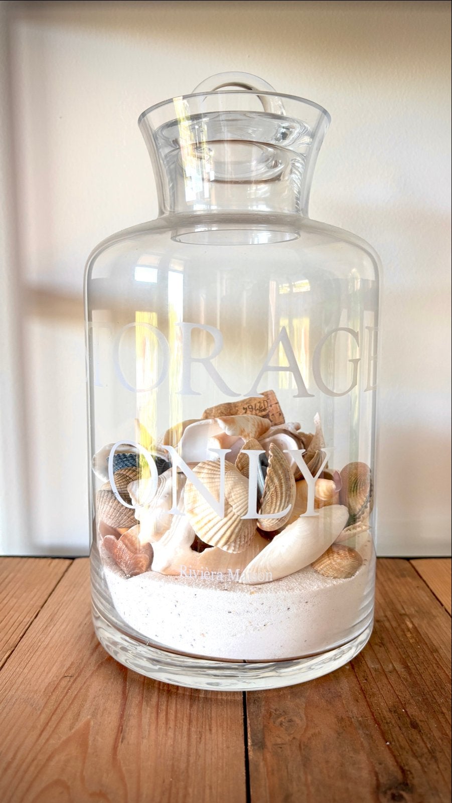 Riviera Maison Storage Only pot met schelpen en zand, Ophalen of Verzenden, Zo goed als nieuw, Glas, Landelijk