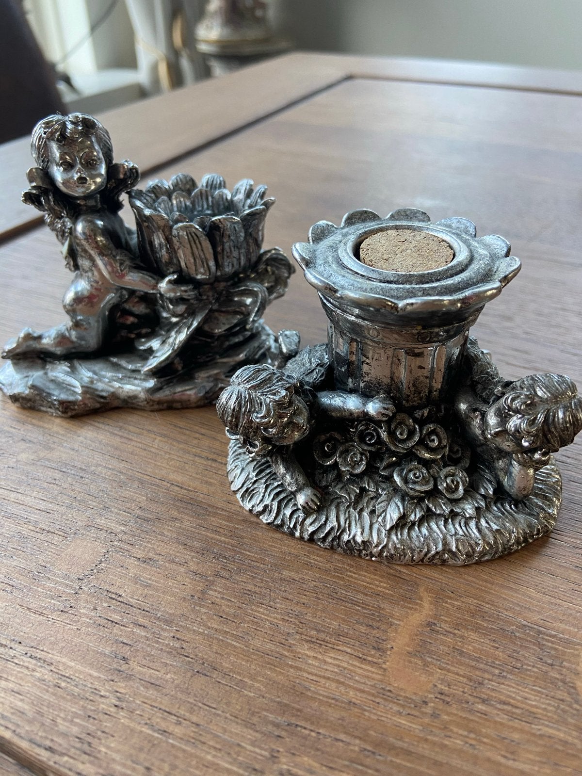 Set van 2 vintage zilverkleurige engeltjes kandelaars, Verzamelen, Ophalen of Verzenden, Gebruikt, Fantasy