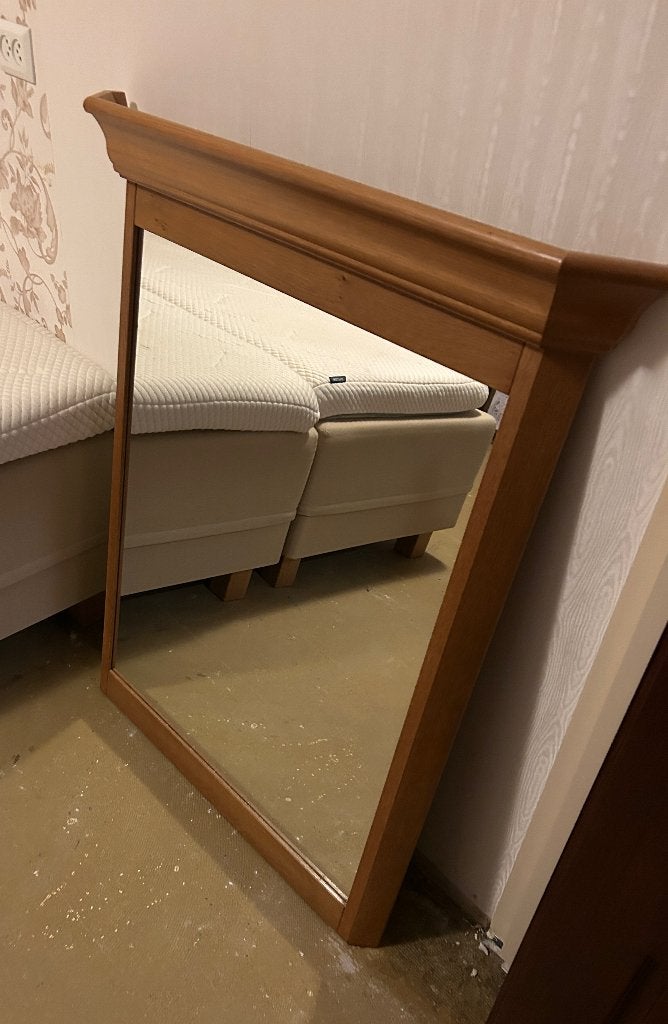DUMPPRIJS - Grote spiegel licht eiken met koof, Ophalen, 100 tot 150 cm, Zo goed als nieuw, 75 tot 100 cm