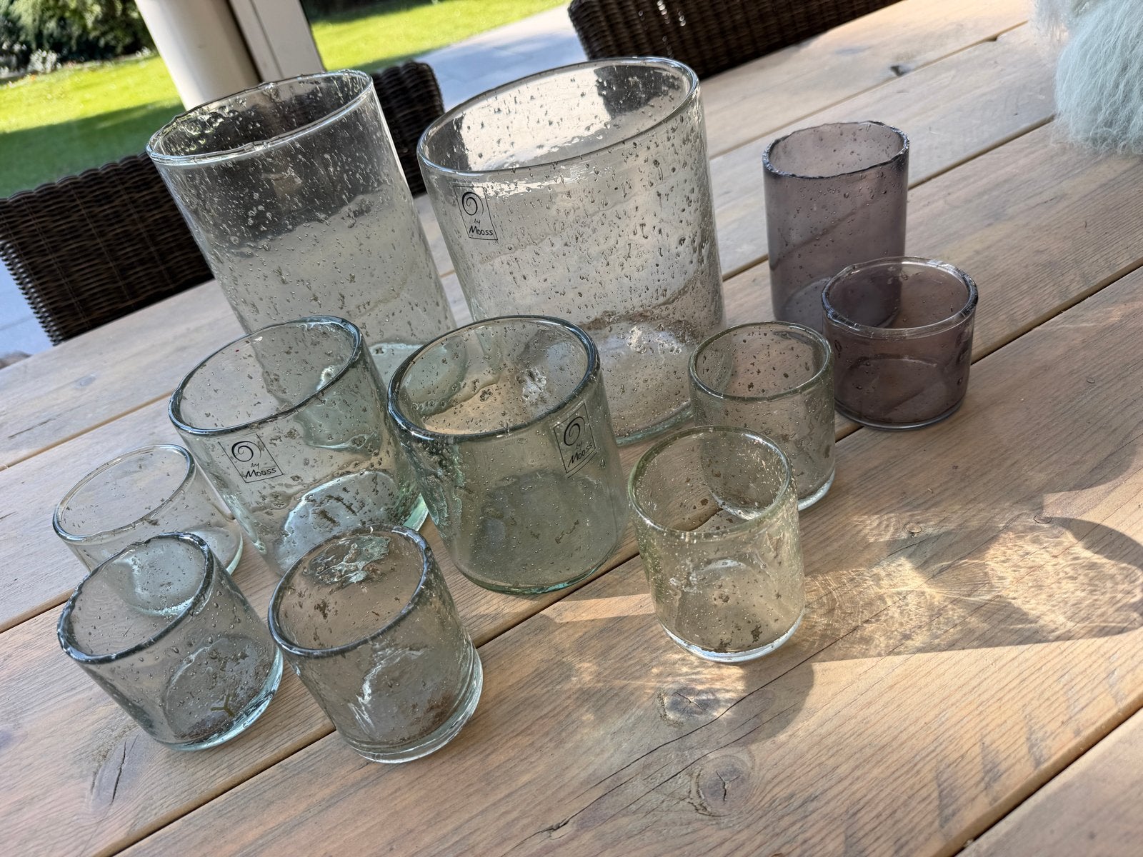 Set van 11 Mooss vazen/windlichten van gerecycled glas, Ophalen, Gebruikt, Glas, Grijs