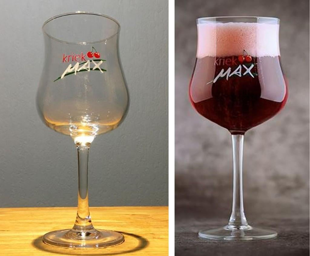 3 Kriek Max krieken fruitbier bierglazen op voet 25 cl., Ophalen of Verzenden, Zo goed als nieuw, Glas of Glazen, Overige merken