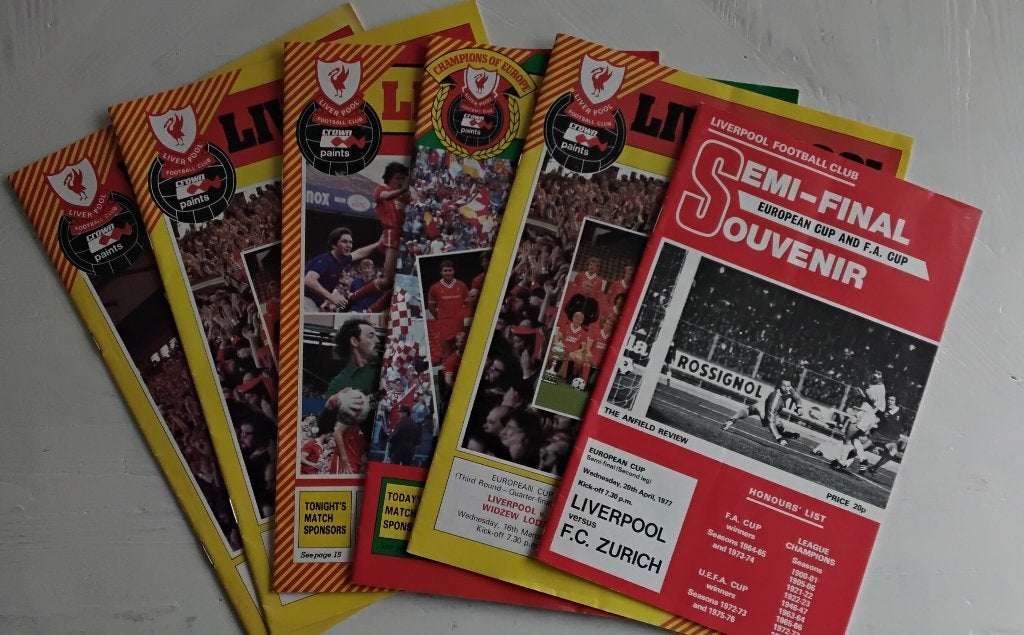 6 x Liverpool  Europa Wedstrijdprogramma's - Jaren '70/'80, Ophalen of Verzenden, Zo goed als nieuw, Buitenlandse clubs, Boek of Tijdschrift