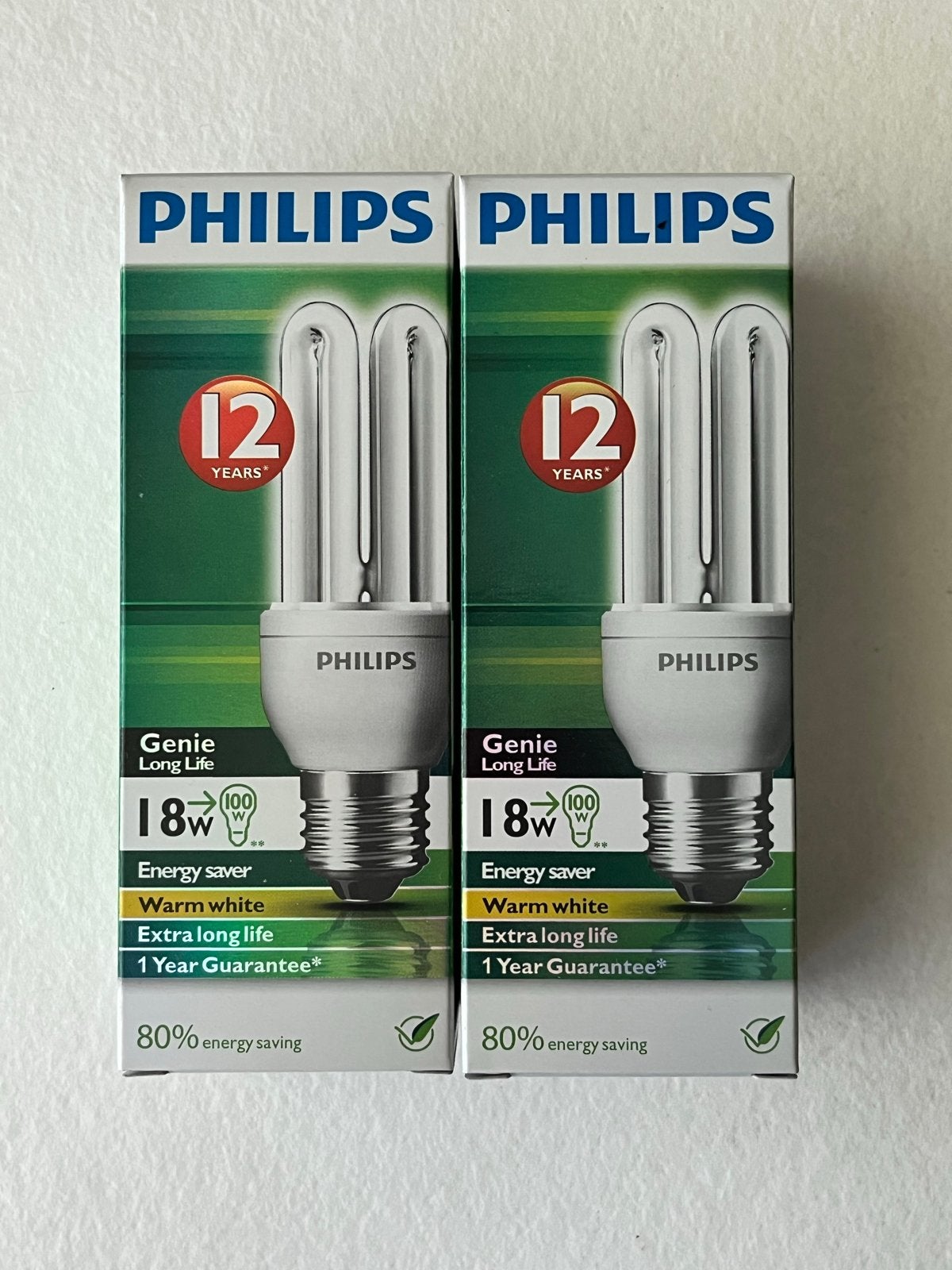 2x Philips Genie Long Life spaarlamp E27 18W Warm Wit, Wit, Philips, Nieuw, E27 (groot)
