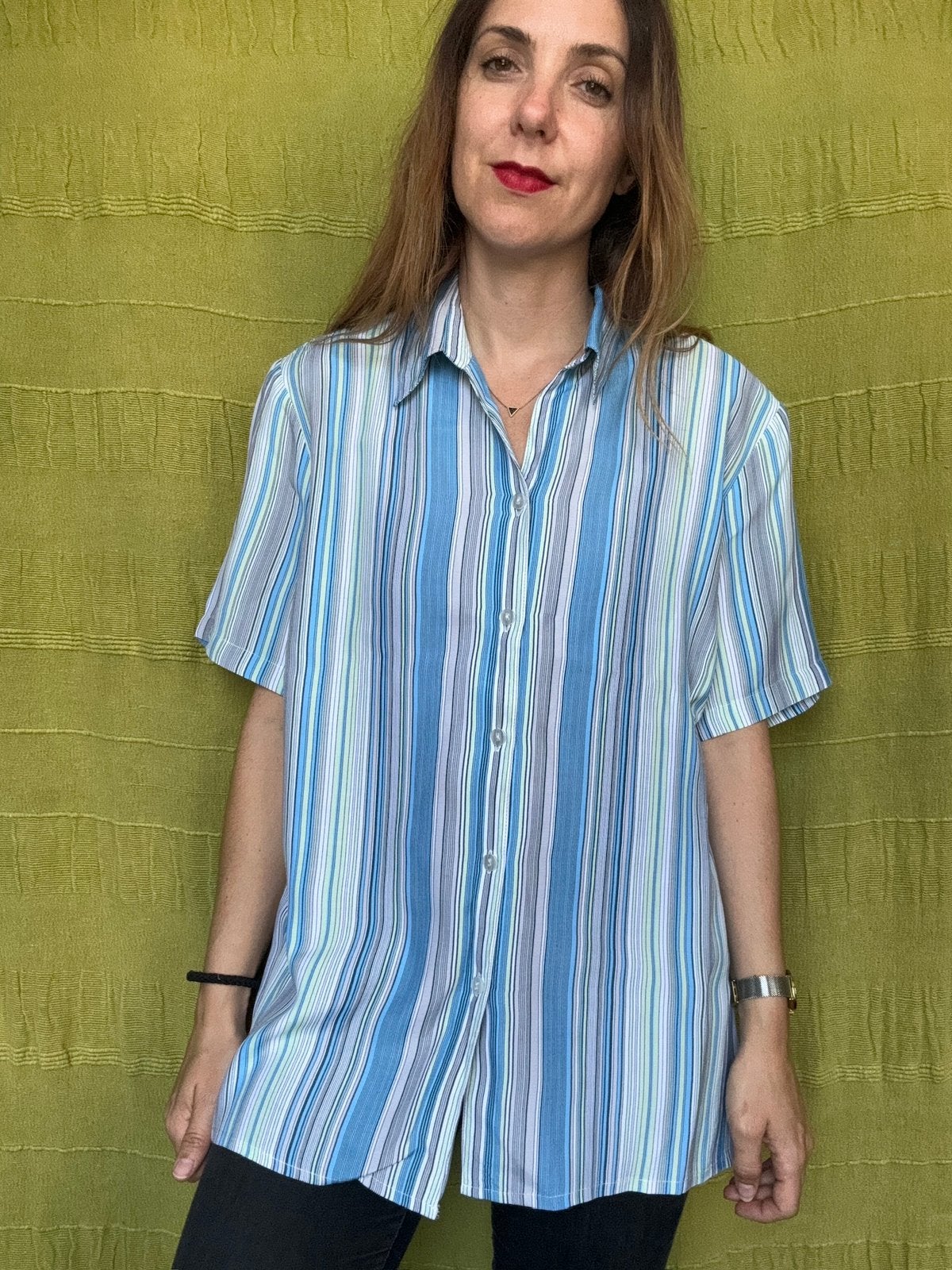 Vintage blouse / shirt / print / blauw / maat 44 / viscose, Hgv, Blauw, Hgv, Maat 42/44 (L)