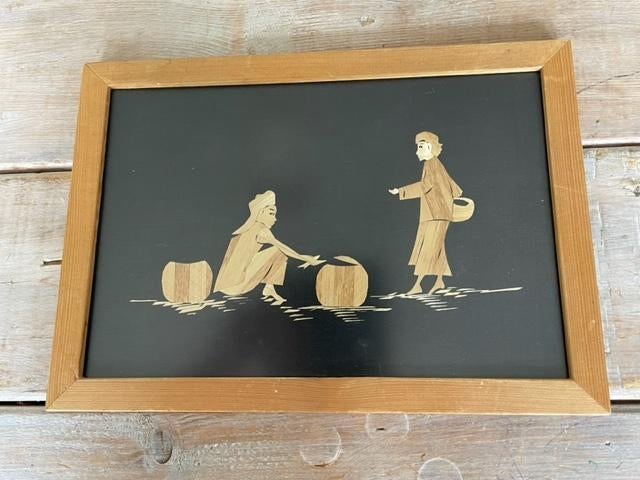 Stro marquetry paneel. Aziatisch tafereel inlegwerk oosters., Antiek en Kunst, Kunst | Niet-Westerse kunst, Ophalen