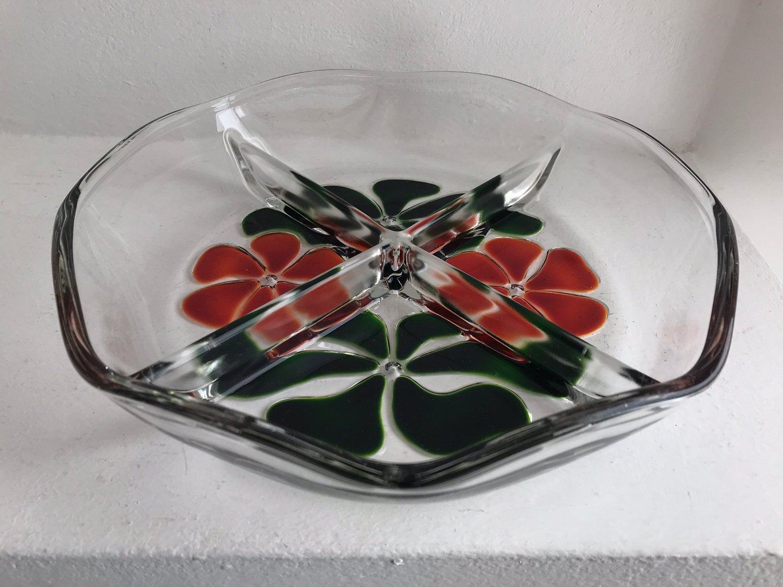 Schaal bloemen Walther glas viervaks vintage Germany, Ophalen of Verzenden
