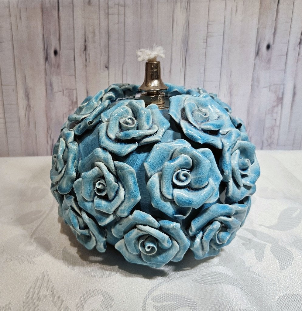 Vintage PTMD keramische olielamp • Blauwe rozen, Ophalen of Verzenden