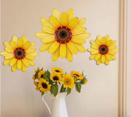 Muurdecoratie Zonnebloemen hout 3 stuks, Huis en Inrichting, 30 cm, 30 cm, Hout, Meerkleurig