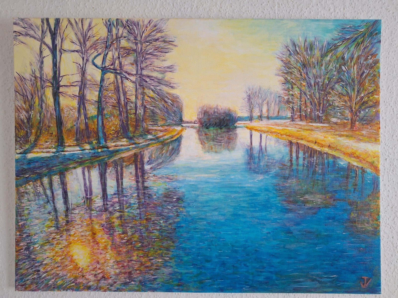 Schilderij: Winterlandschap met water en bomen, Doek, Realistisch, Ophalen of Verzenden, Landschap
