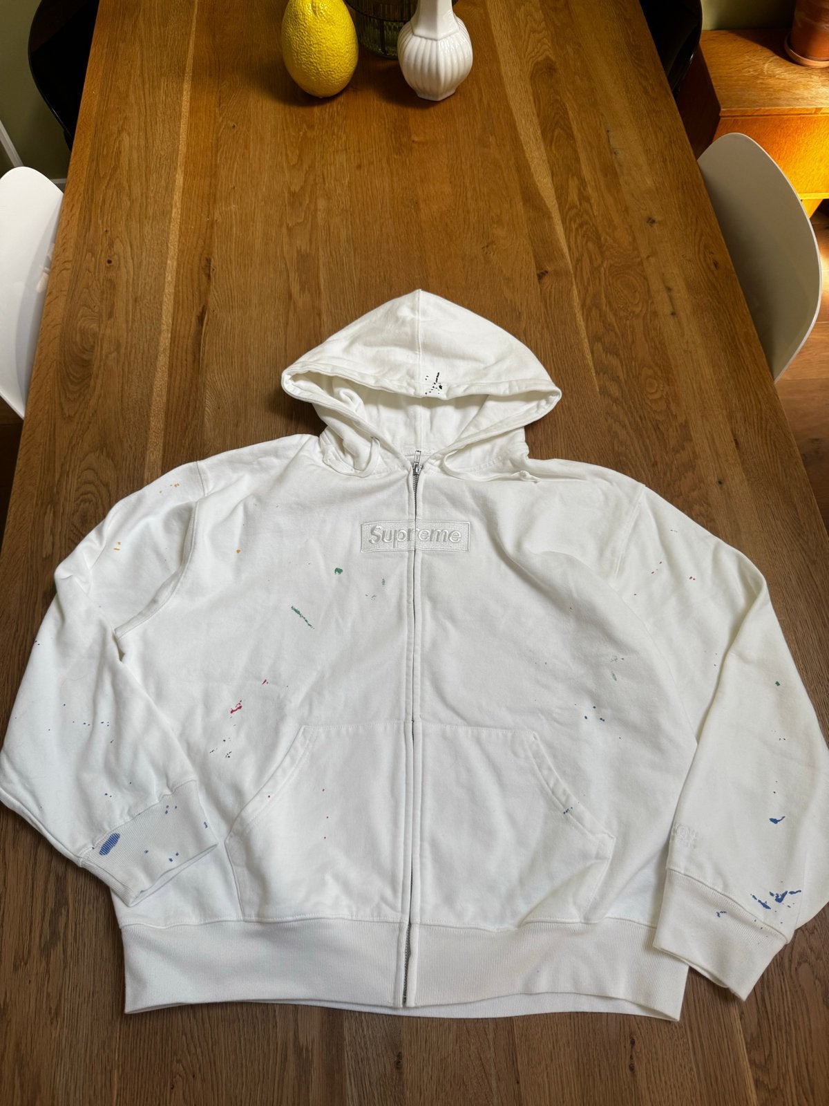 Margiela x Supreme Zip-up Hoodie Wit met Verfspetters L, Ophalen of Verzenden, Nieuw