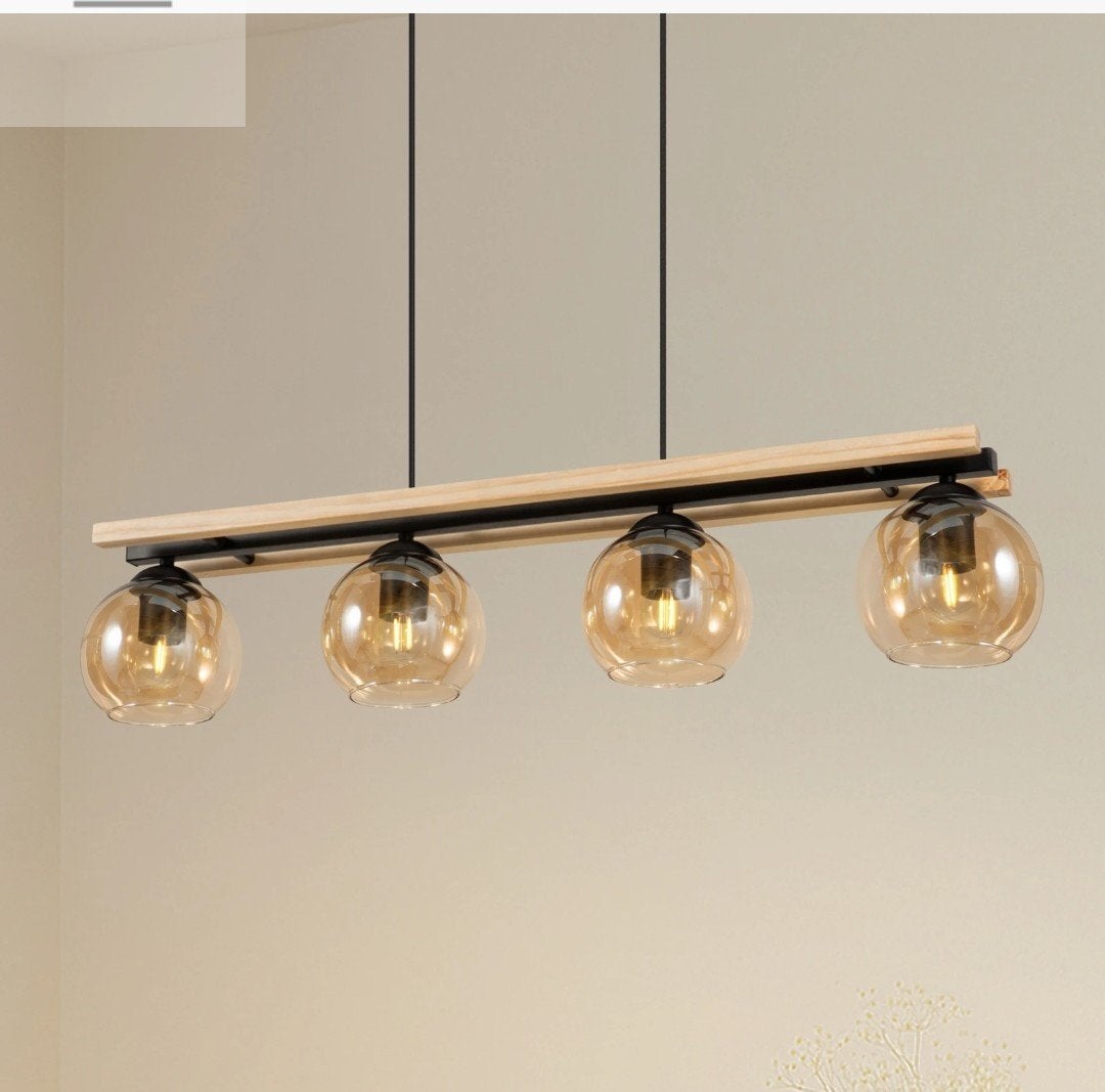 Lindby Enrique hanglamp, amber, 4-lamps, glas, hout, E27, Huis en Inrichting, Lampen | Hanglampen, Ophalen, Zo goed als nieuw