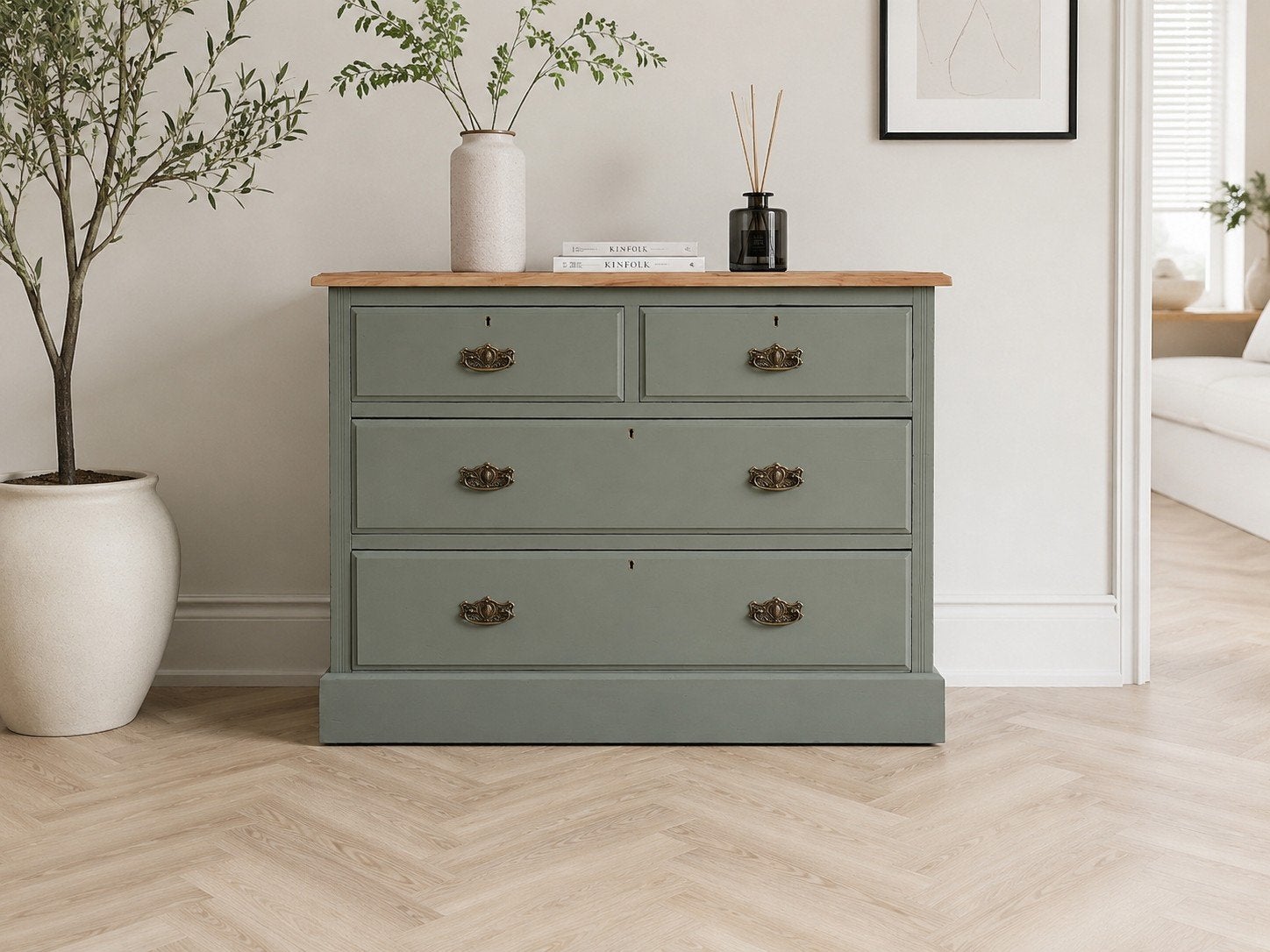 Vintage commode eucalyptus groen, Nieuw, 75 tot 100 cm, Middenhof 41 rilland, Commode