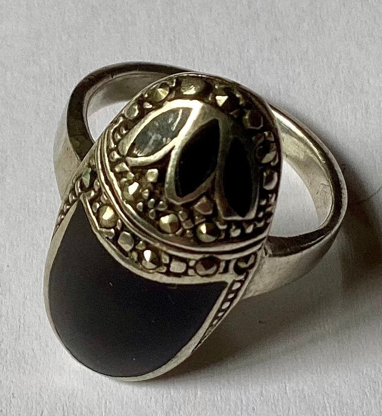 Antieke Art Deco zilveren ring met Onyx en Markasiet., Ophalen of Verzenden, Zilver, Ring
