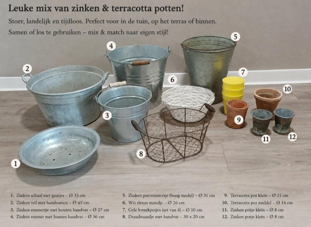 Mix van terracotta &zinken potten, Ophalen of Verzenden