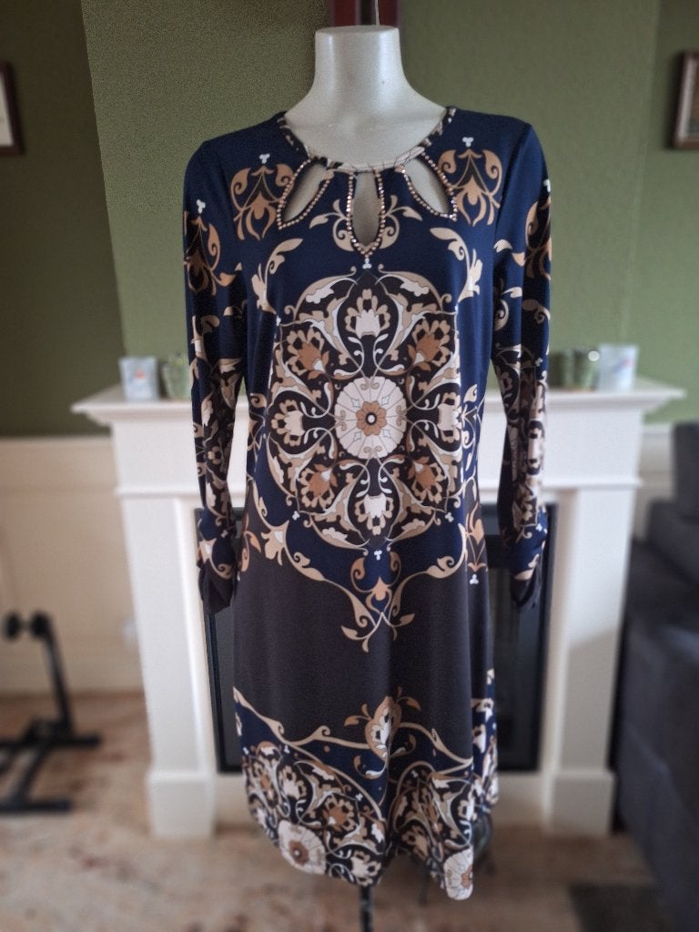 K-Design K Design jurk blauw bruin L, K-design, Maat 42/44 (L), Zo goed als nieuw, Knielengte