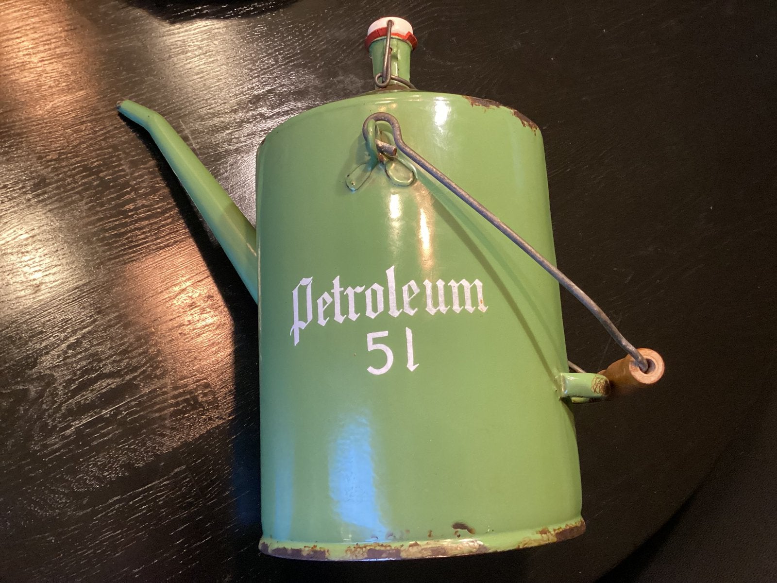 Vintage Groen Emaille Petroleum Kan 5L met Beugeldop, Ophalen of Verzenden