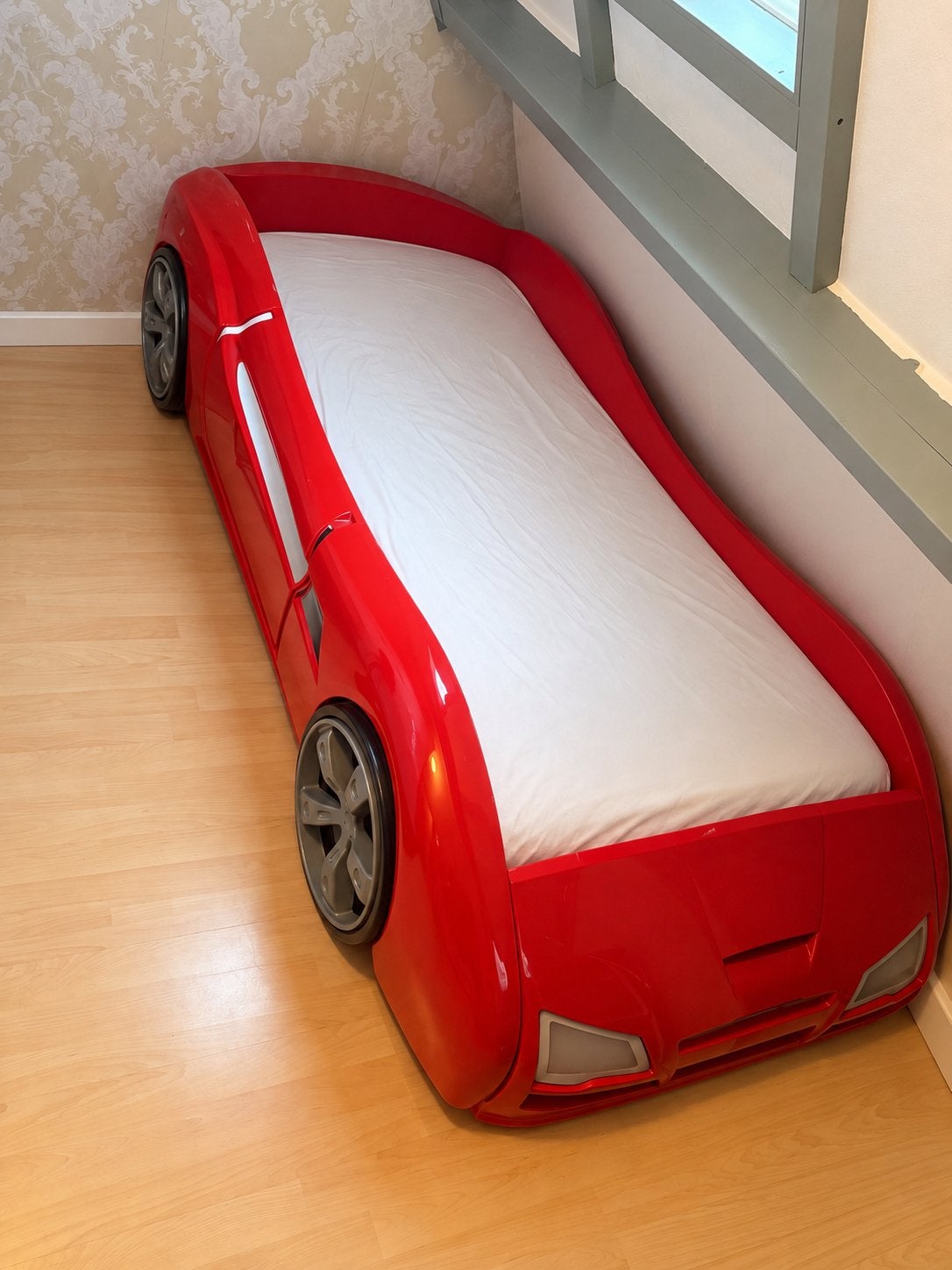 Autobed rood 90 x 200, Ophalen, Eenpersoons, Zo goed als nieuw, 120 cm