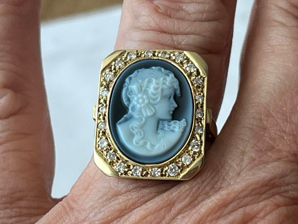 Bijzondere 14K Gouden Ring met Blauwe Camee en Diamanten, Sieraden, Tassen en Uiterlijk, Ringen, Verzenden, Zo goed als nieuw