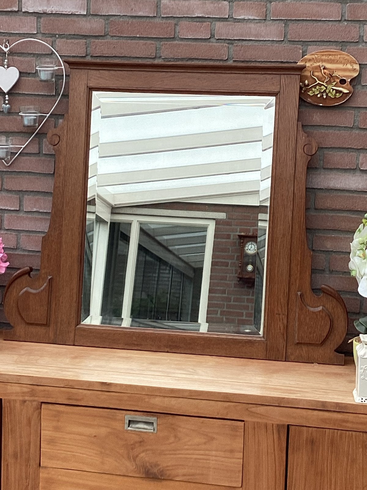 Antieke spiegel met eiken lijst facet geslepen, Antiek en Kunst, Ophalen, Rechthoekig, 50 tot 100 cm, 100 tot 150 cm