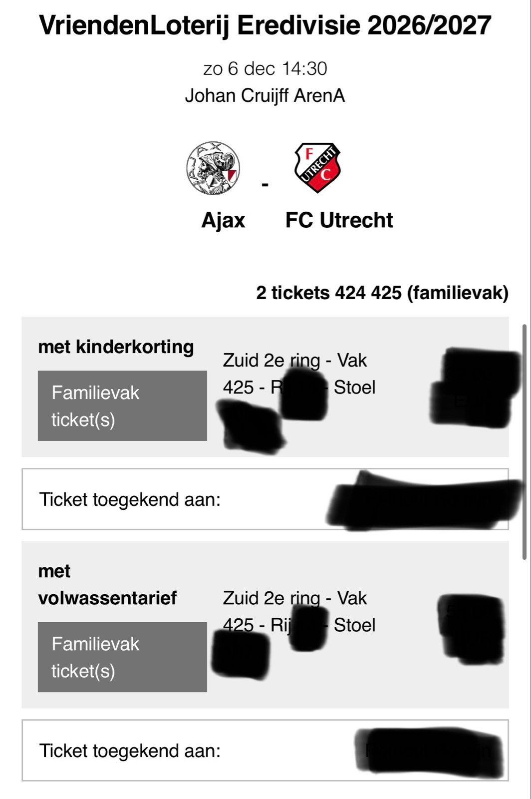 2kaarten ajax fc utrecht zie beschrijving, Tickets en Kaartjes