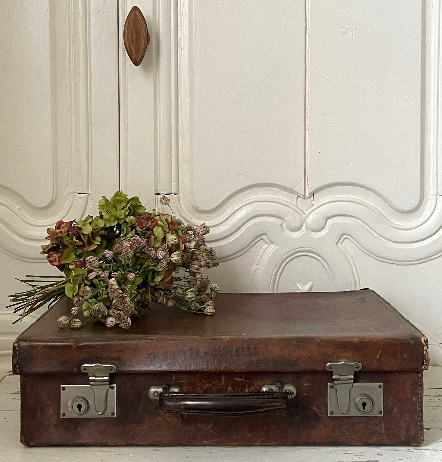 Brocante oud leren koffer met sleuteltje, Antiek en Kunst, Curiosa en Brocante, Ophalen of Verzenden