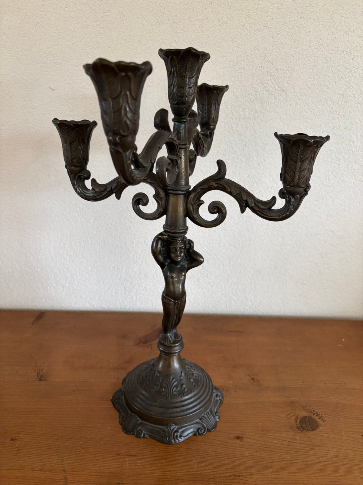 Brocante koperen kandelaar met cherubijn, Ophalen of Verzenden, Kandelaar