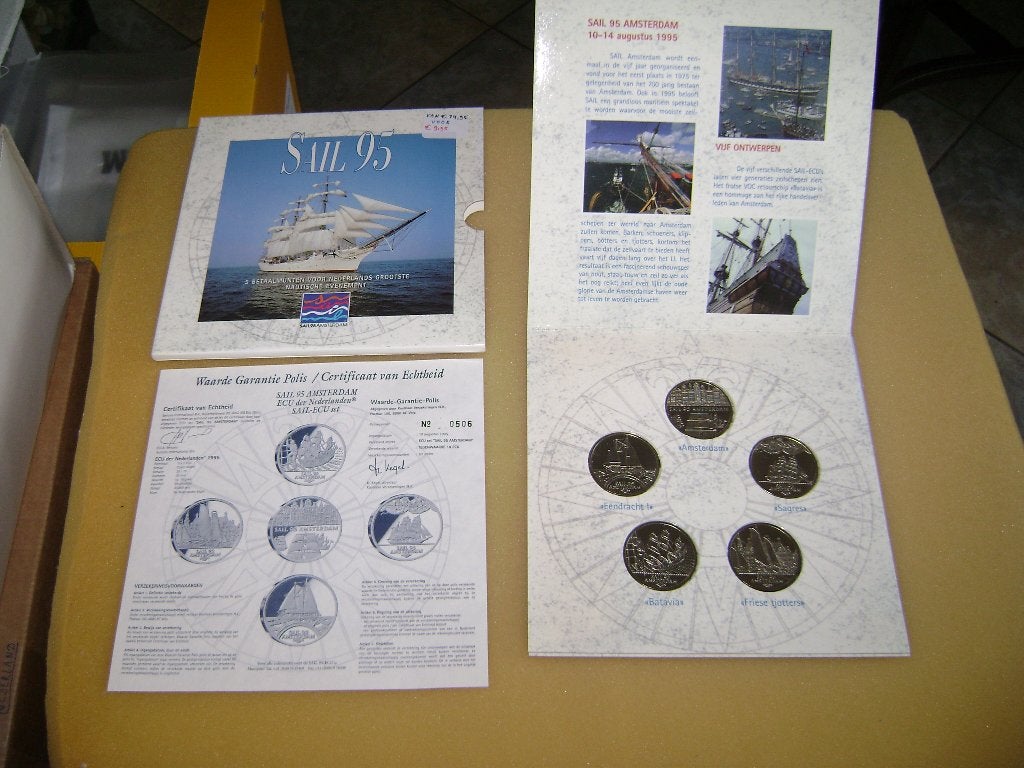 Officiële muntset Sail Amsterdam 1995 met 5 Ecumunten, Ophalen of Verzenden, Overige materialen, Nederland