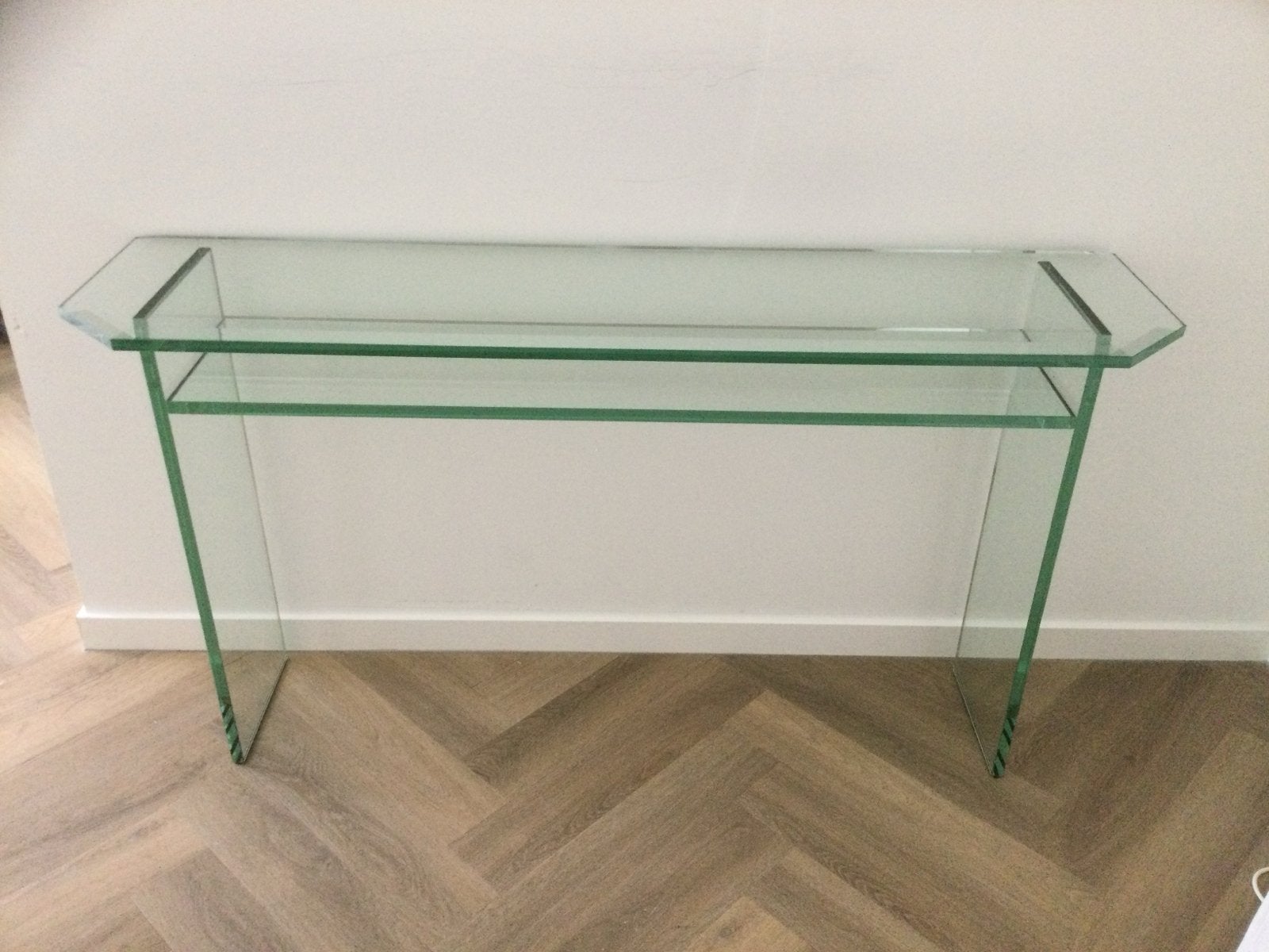 Glazen sidetable/console tafel met extra plank, Ophalen, 100 tot 150 cm, Tot twee personen, Minder dan 50 cm