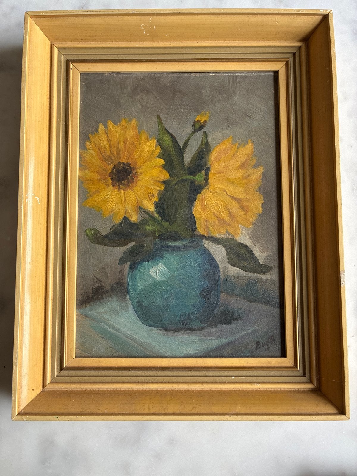 Schilderij zonnebloemen in vaas, gesigneerd, 23,5x30 cm, Bloemen, Doek, Realistisch, Ophalen of Verzenden