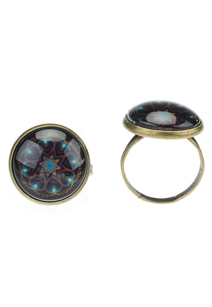 Mandala ring met glasdesign in bruin en blauw, Nieuw, Ophalen of Verzenden, 17 tot 18, Dame