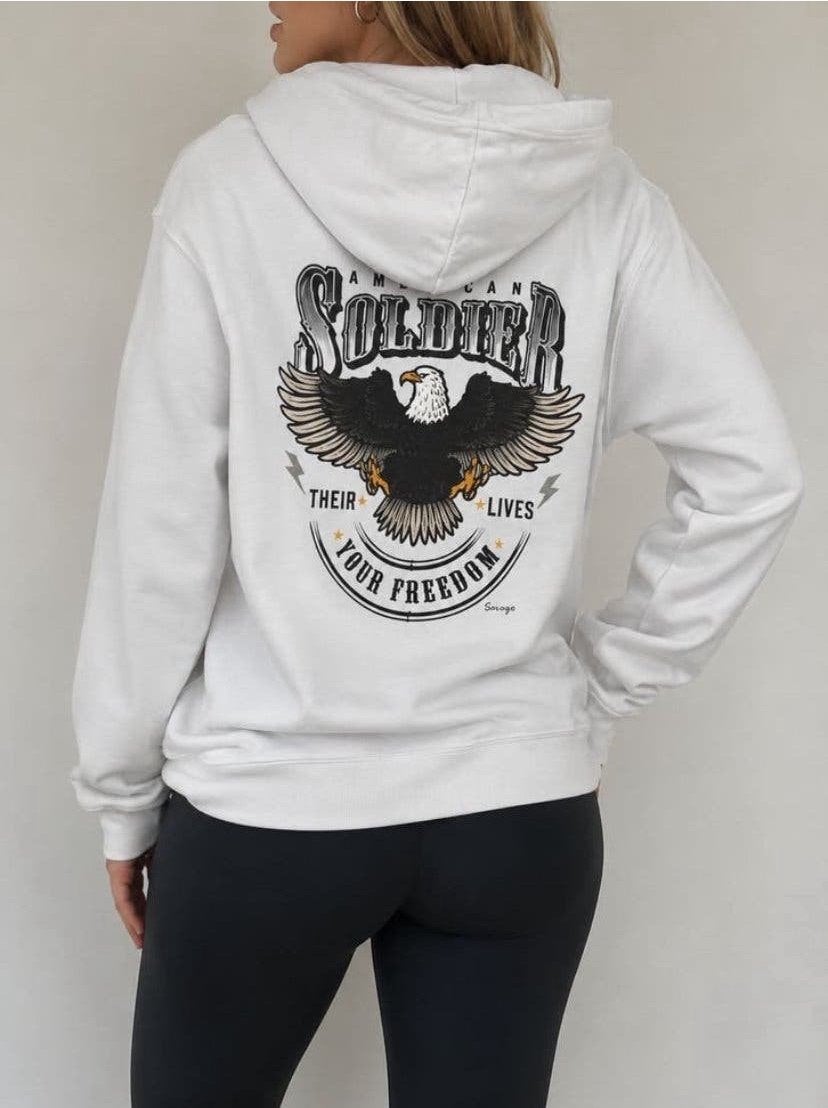 Witte hoodie met 'American Soldier' print - Pinned By K, Ophalen of Verzenden, Zo goed als nieuw, Maat 36 (S), Wit