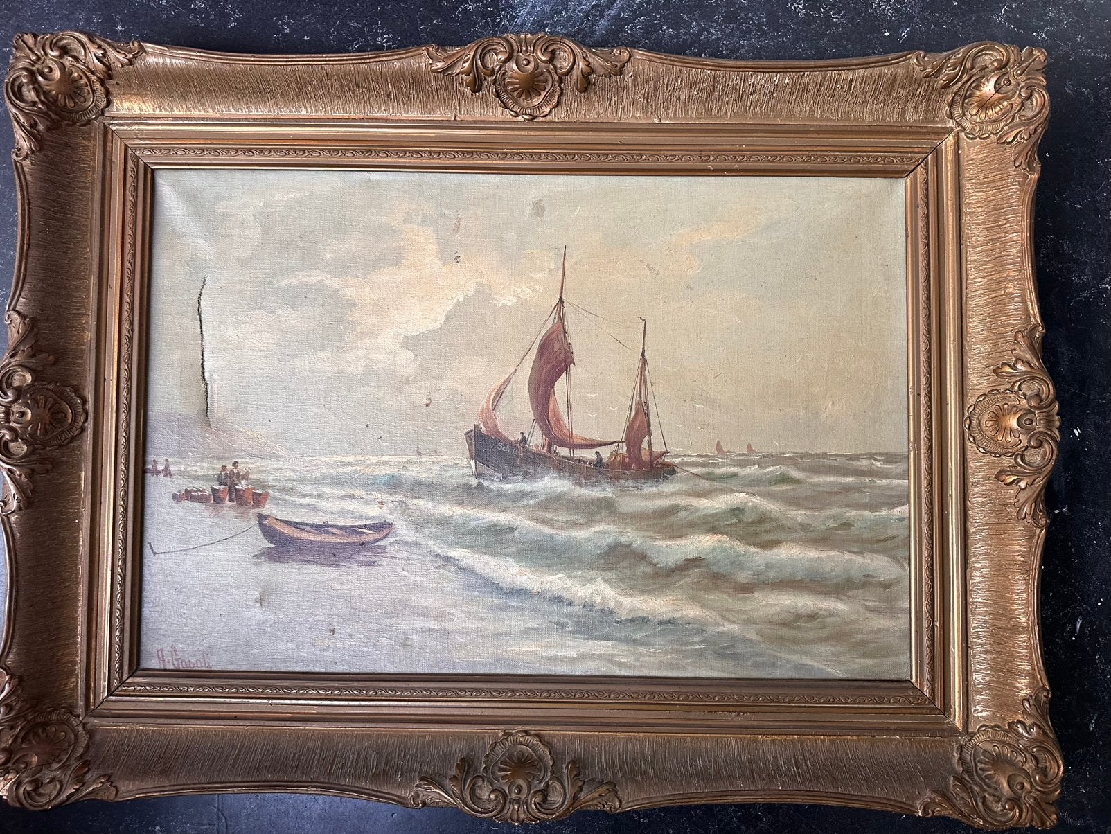 Schilderij bomschuit in de branding Scheveningen, Ophalen of Verzenden