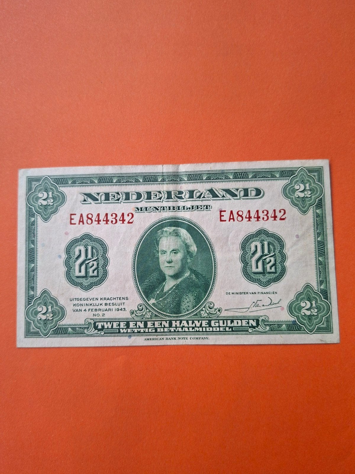 2,5 gulden Wilhelmina uit 1943 in PR
Serie nummer EA 844342, Postzegels en Munten, Bankbiljetten | Nederland, Ophalen of Verzenden