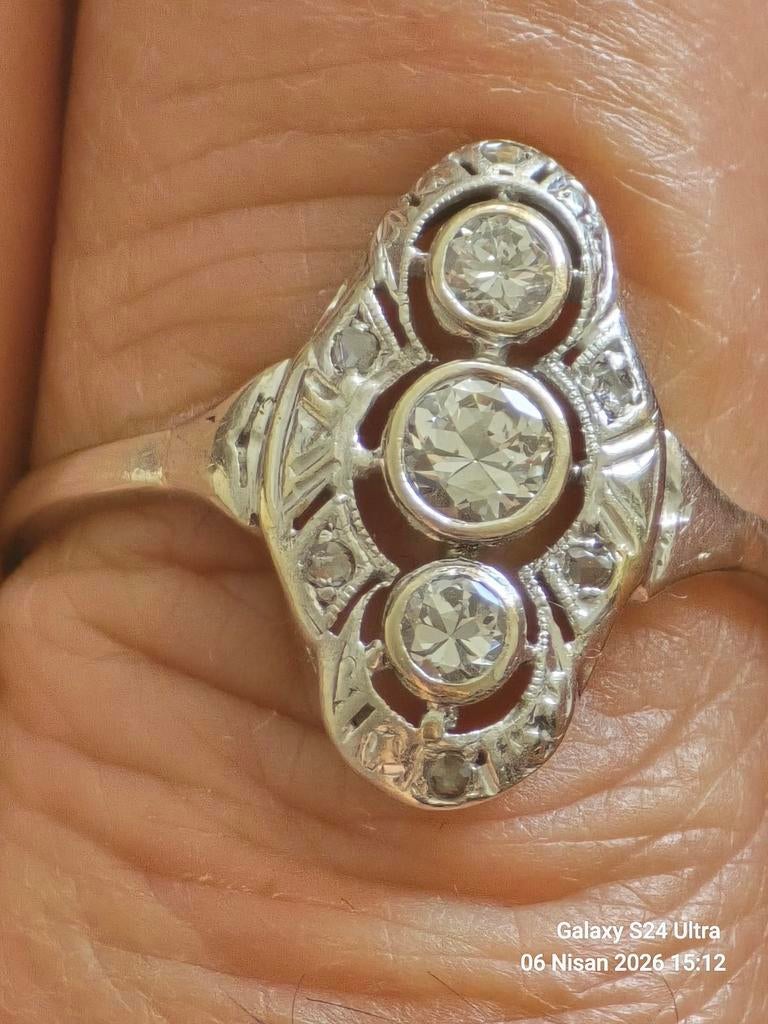 Vintage witgoud Ring met Diamanten - Art Deco Stijl, Sieraden, Tassen en Uiterlijk, Ringen, Gebruikt, Wit, Ophalen of Verzenden