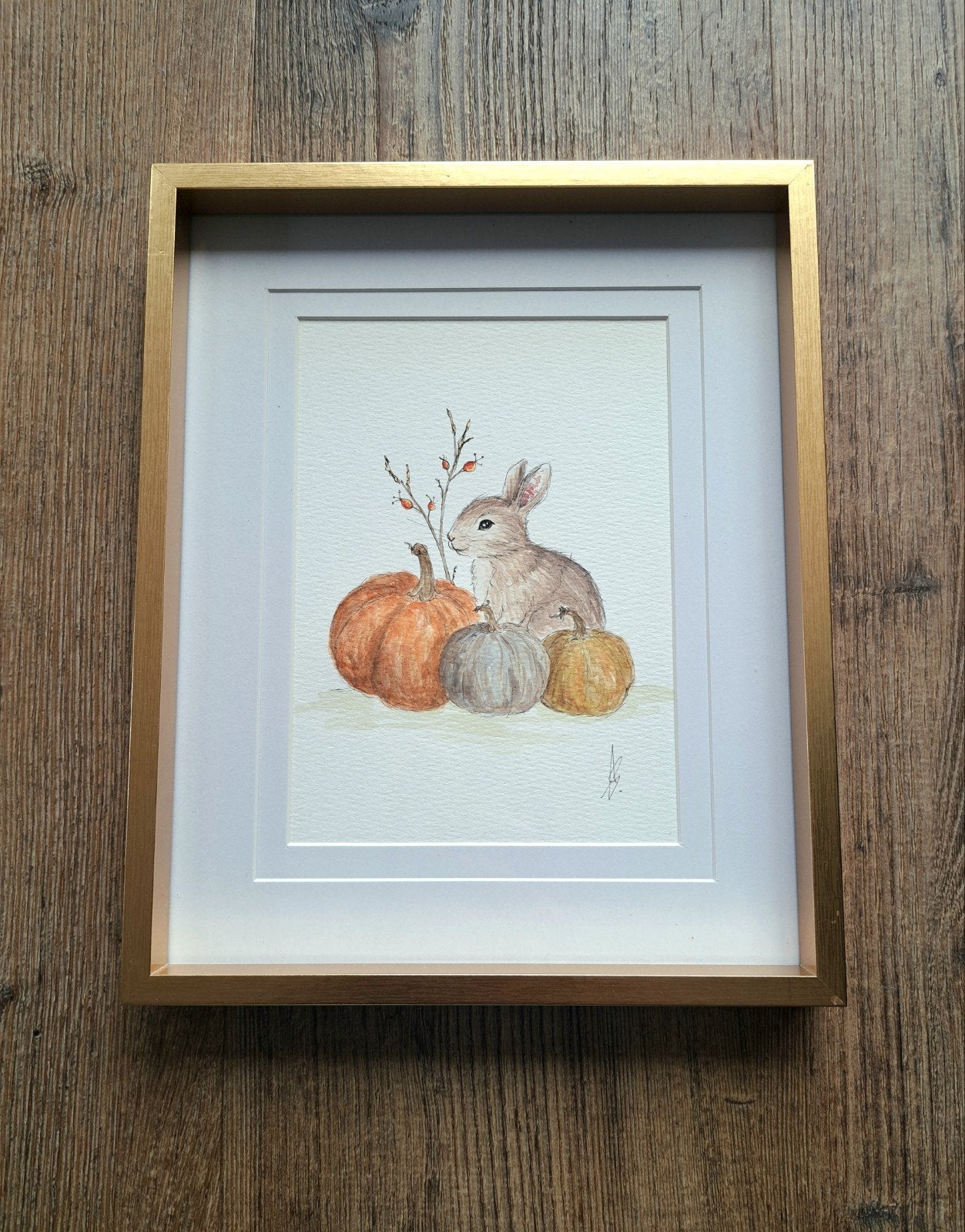 Aquarel schilderij herfst pompoen konijn | Met lij, Minder dan 50 cm, Oorspronkelijke maker, Nieuw, Ophalen of Verzenden
