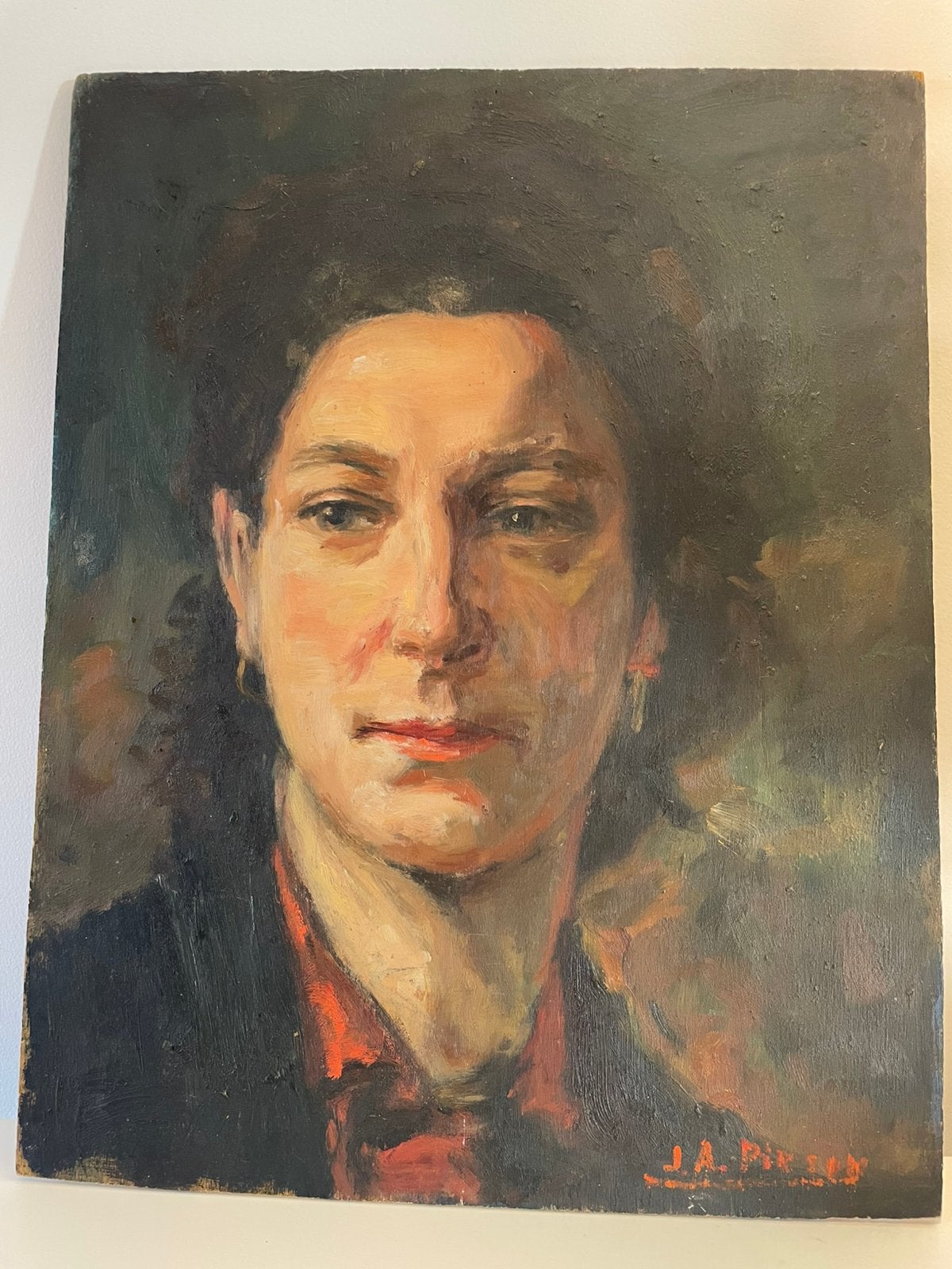 Vrouwenportret - olieverf op paneel - Josy A. Pirson, België, Paneel, Portret of Personen, Ophalen of Verzenden, Gesigneerd