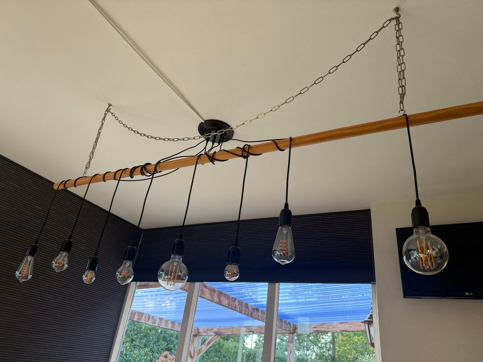 Houten hanglamp met Edison gloeilampen, Ophalen of Verzenden, Gebruikt, Hout, E27 (groot)
