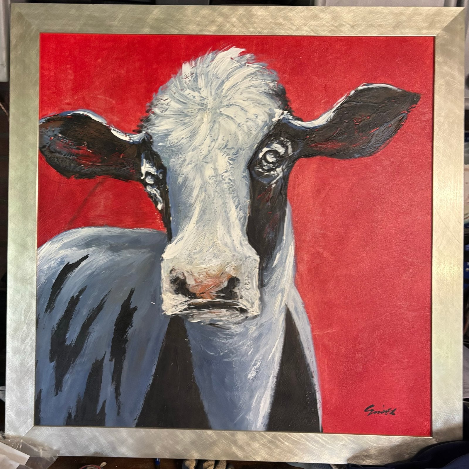 Schilderij: Koe op rode achtergrond, ingelijst 90 bij 90, Huis en Inrichting, Woonaccessoires | Schilderijen, Tekeningen en Foto's