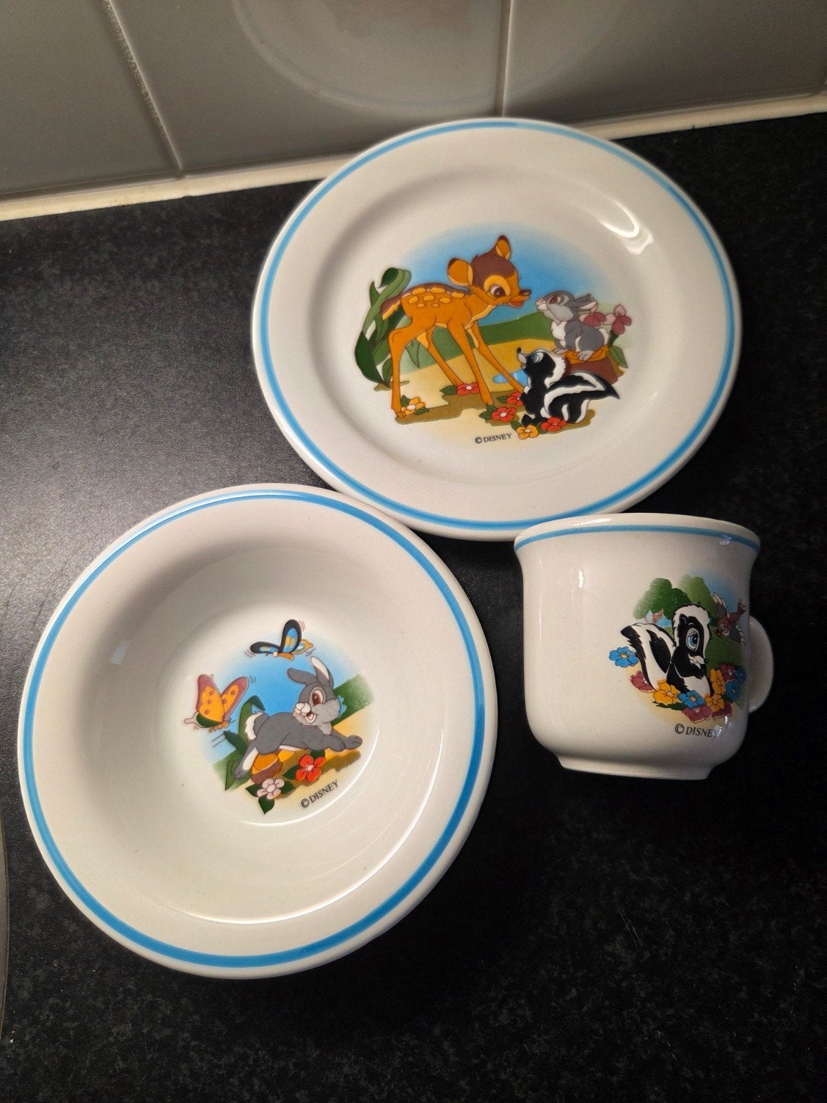 3-delig Disney Bambi Kinderservies – Ceramica Quadrifoglio, Ophalen of Verzenden, Bambi of Dumbo, Zo goed als nieuw, Servies