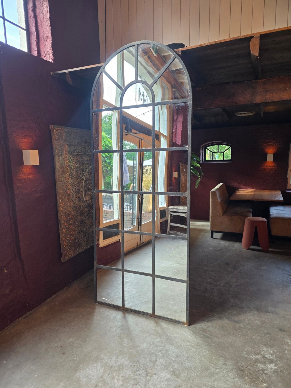 Grote Boogspiegel met Zwart Metalen Frame, Ophalen of Verzenden, Overige vormen, 50 tot 100 cm, 200 cm of meer