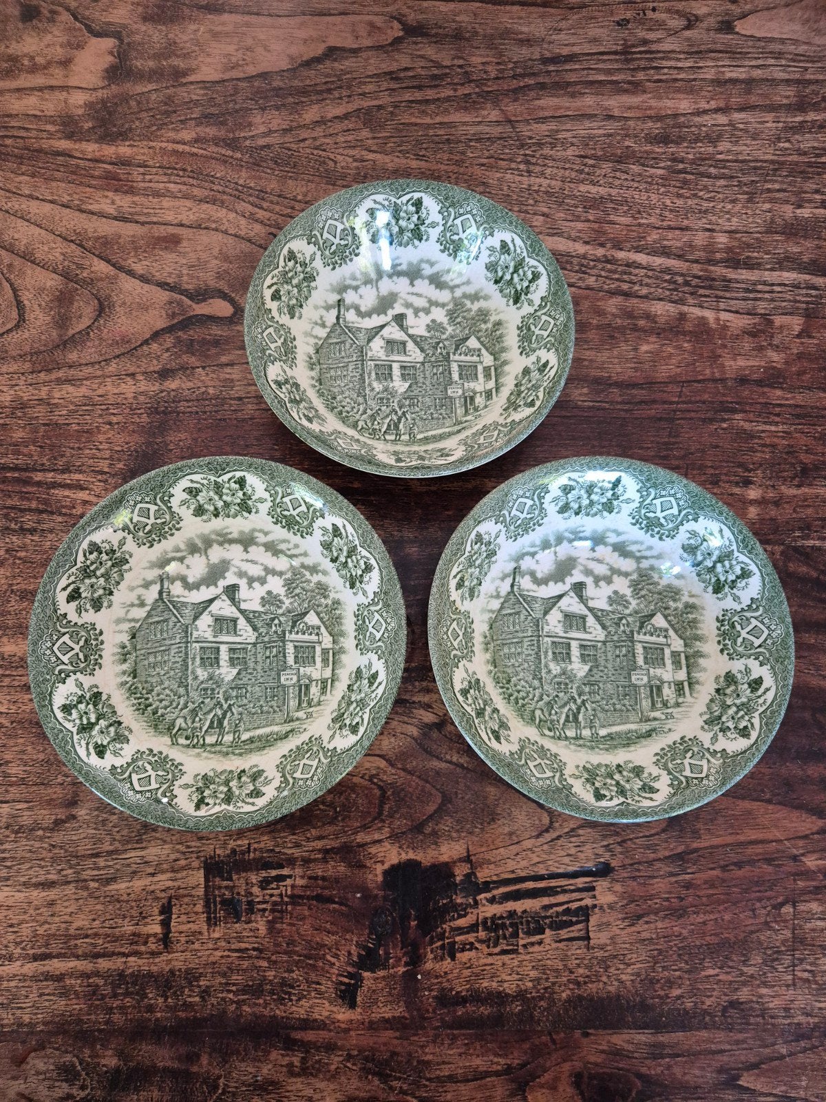3 Keramieken Kommen Old Inns Series Groen Transferware 16,5, Ophalen of Verzenden