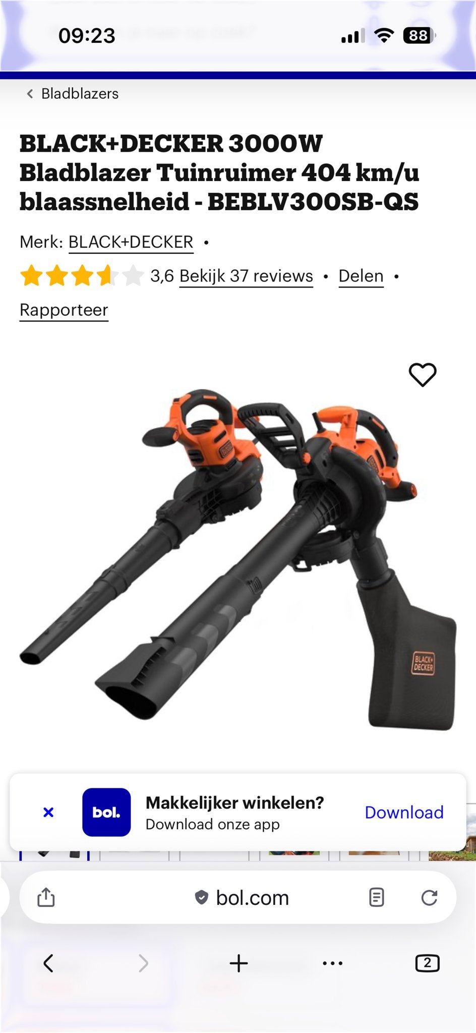 BLACK+DECKER 3000W Bladblazer Tuinruimer BEBLV300SB-QS, Ophalen, Gebruikt, Handgedragen, Met opvangzak