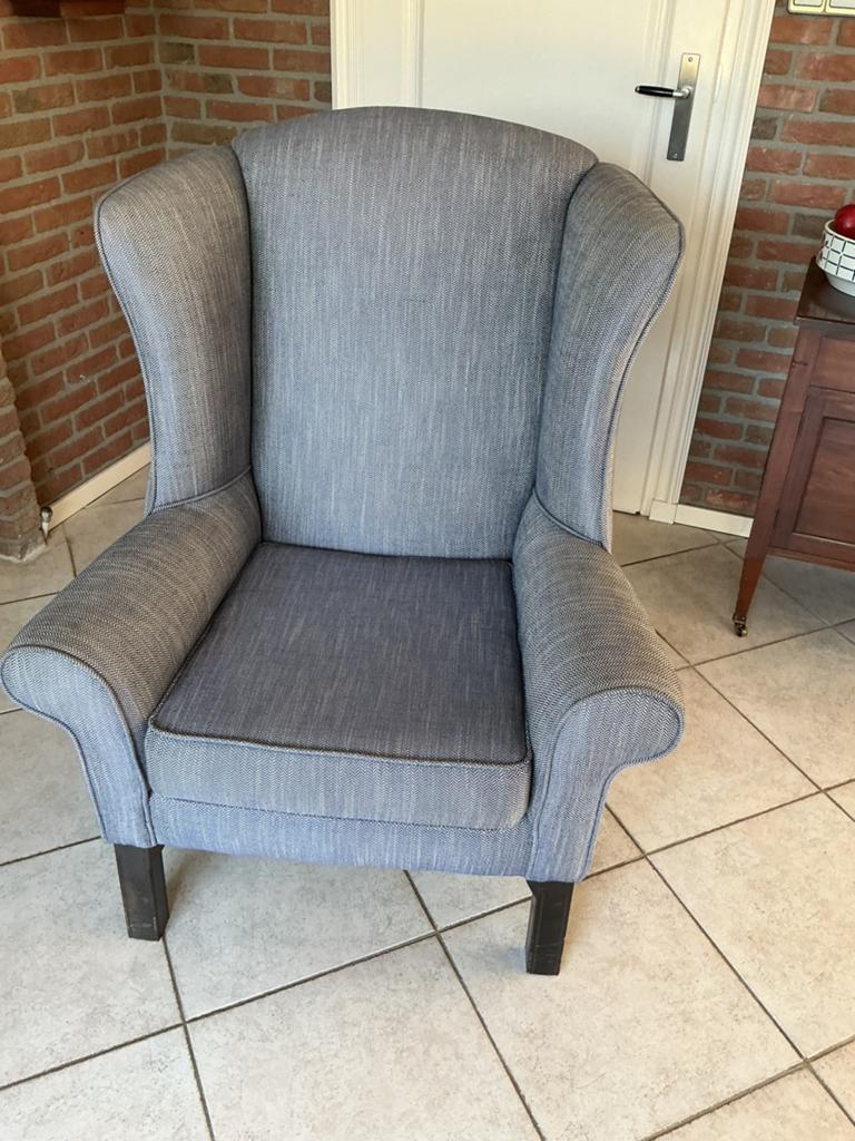 Oorfauteuil met visgraatmotief - Blauw - Van de Bijenkorf, Huis en Inrichting, Fauteuils, Gebruikt, Stof, 75 tot 100 cm, Minder dan 75 cm