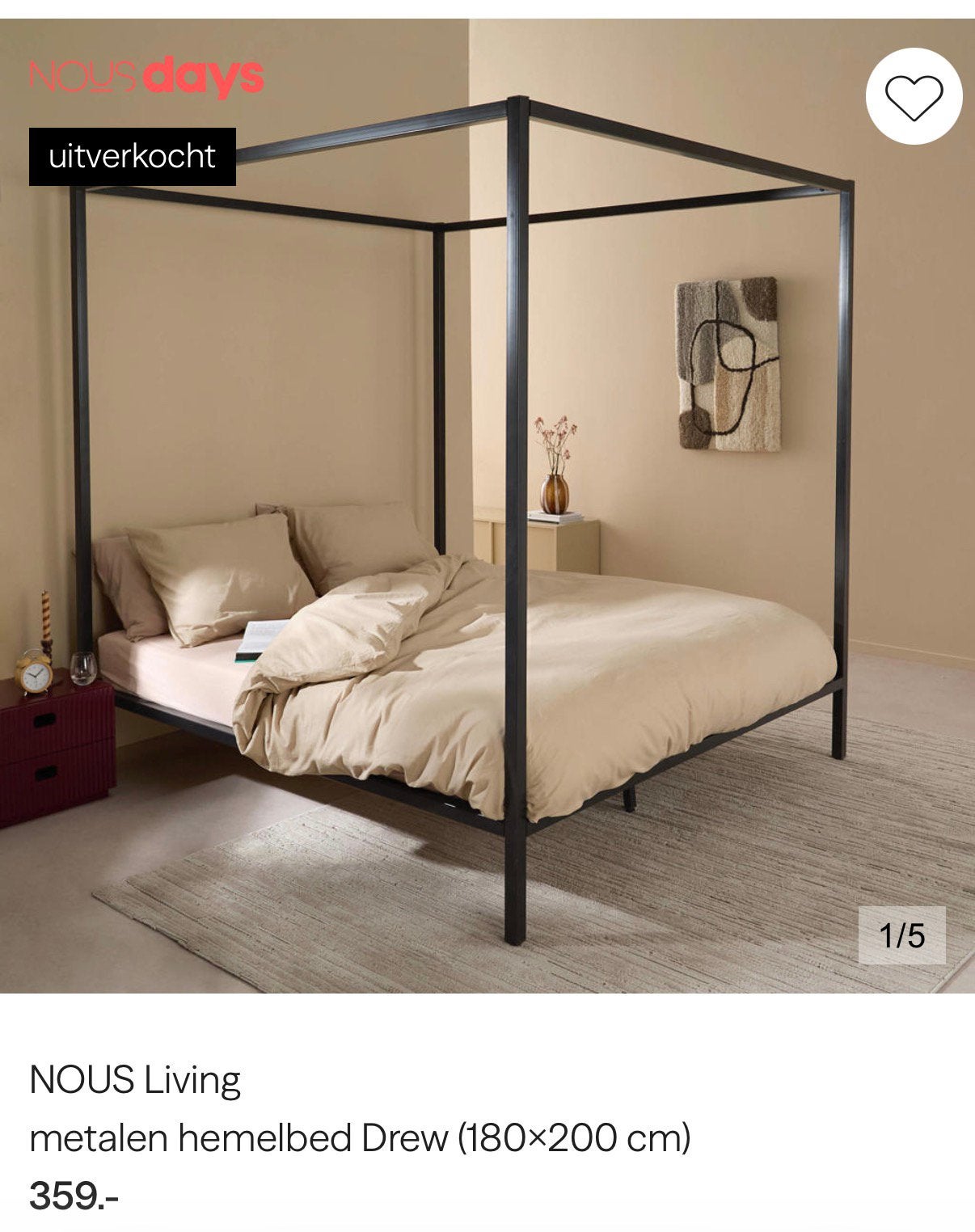 Hemelbed Nous 180 x 200, Ophalen, Zwart, Tweepersoons, Zo goed als nieuw