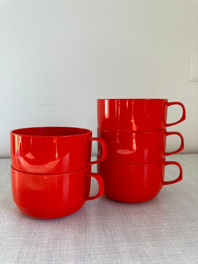 Mepal set van 5 vintage soepkommen met bijpassende schotels, Kunststof, Gebruikt, Mepal, Vintage
