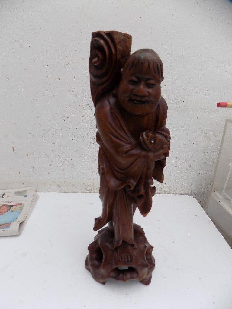 Houtsnijwerk boedha boedhistische monnik vis vintage, Huis en Inrichting, Woonaccessoires | Overige, Ophalen of Verzenden, Gebruikt