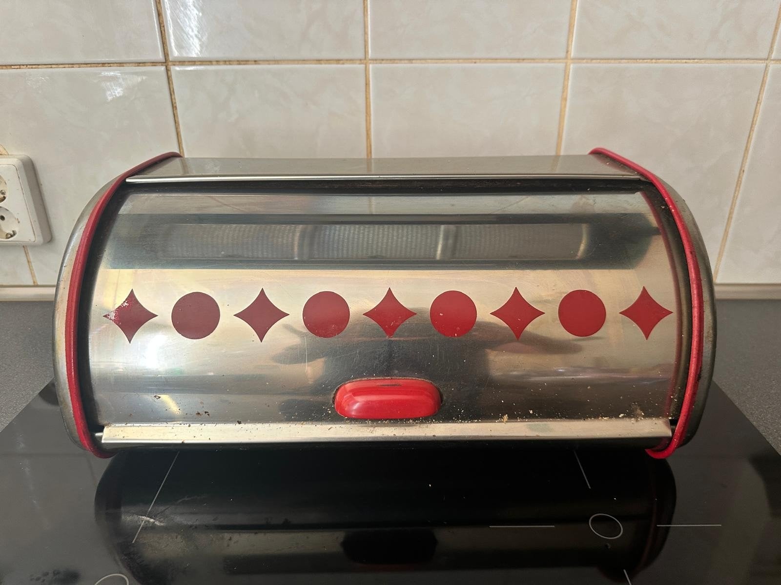 Vintage RVS roll-top broodtrommel / broodbak met retro rode, Ophalen, Gebruikt, Zilver, Metaal