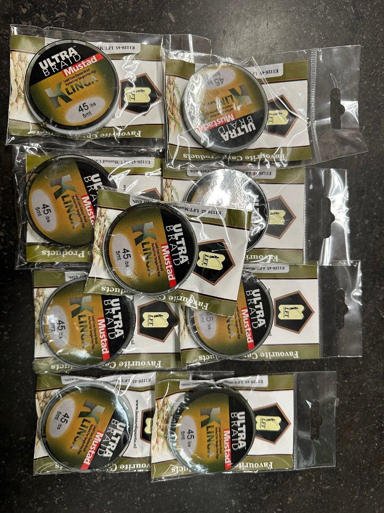 9x Mustad lead core dacron braid Klinga 45lbs 5m, Overige typen, Nieuw, Mustad, Ophalen of Verzenden