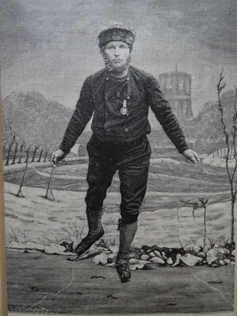 staalgravure schaatser Pieter Bruinsma wint Leeuwarden, 1886, Antiek en Kunst, Dagelijks leven, 1800 - 1899, Verzenden, Gravure